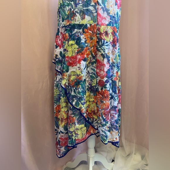Adrianna Papell Floral Print Asymmetrical Fit & Flare Dress Lettuce Trim - Picture 11 of 14